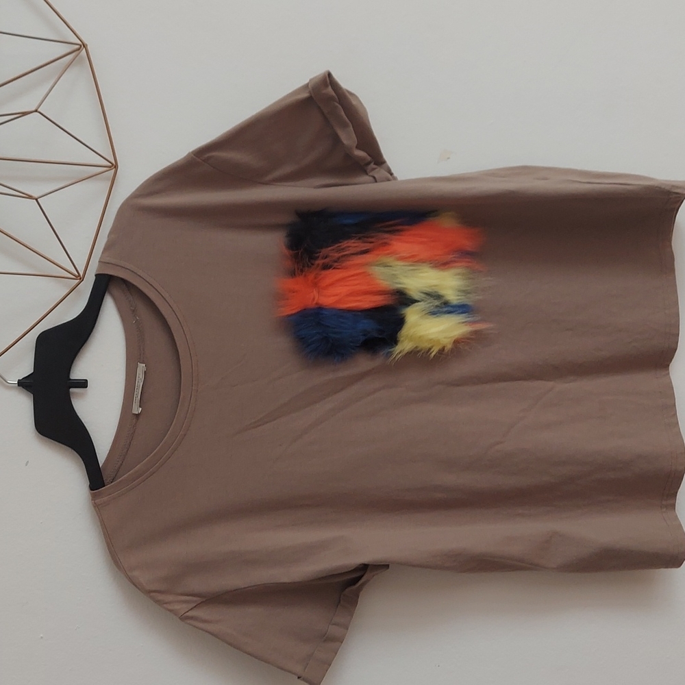 Zara Short Sleeve Tee with Multicolor Faux Fur Accent